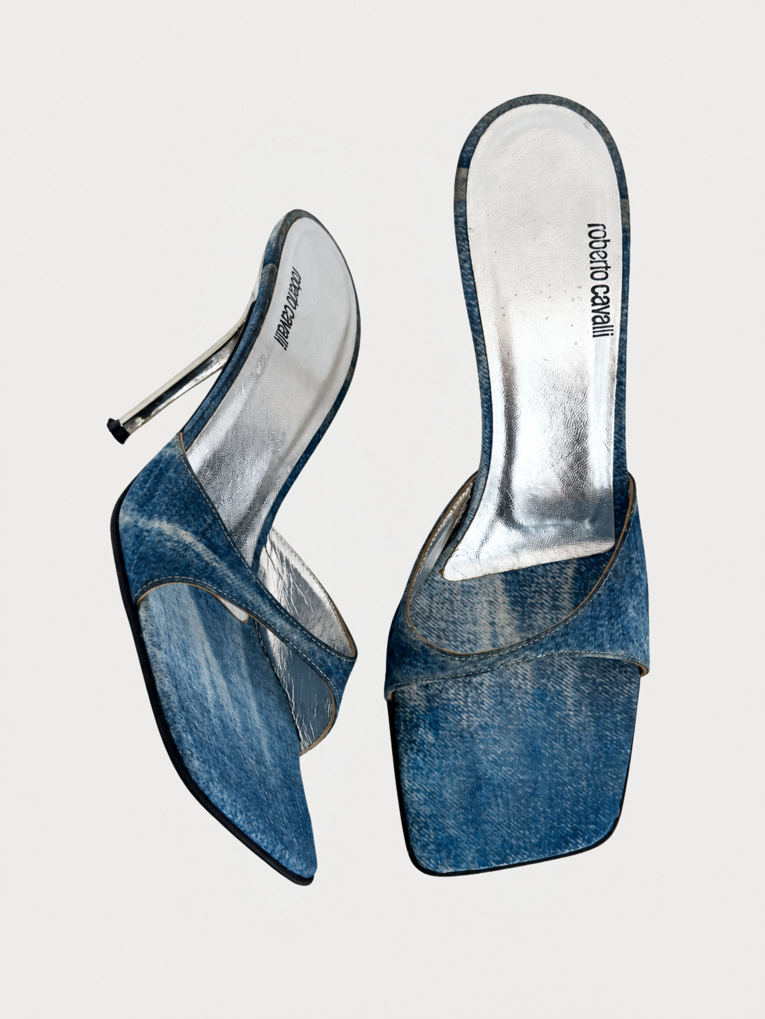 Roberto Cavalli Denim Satin Mules (38.5)