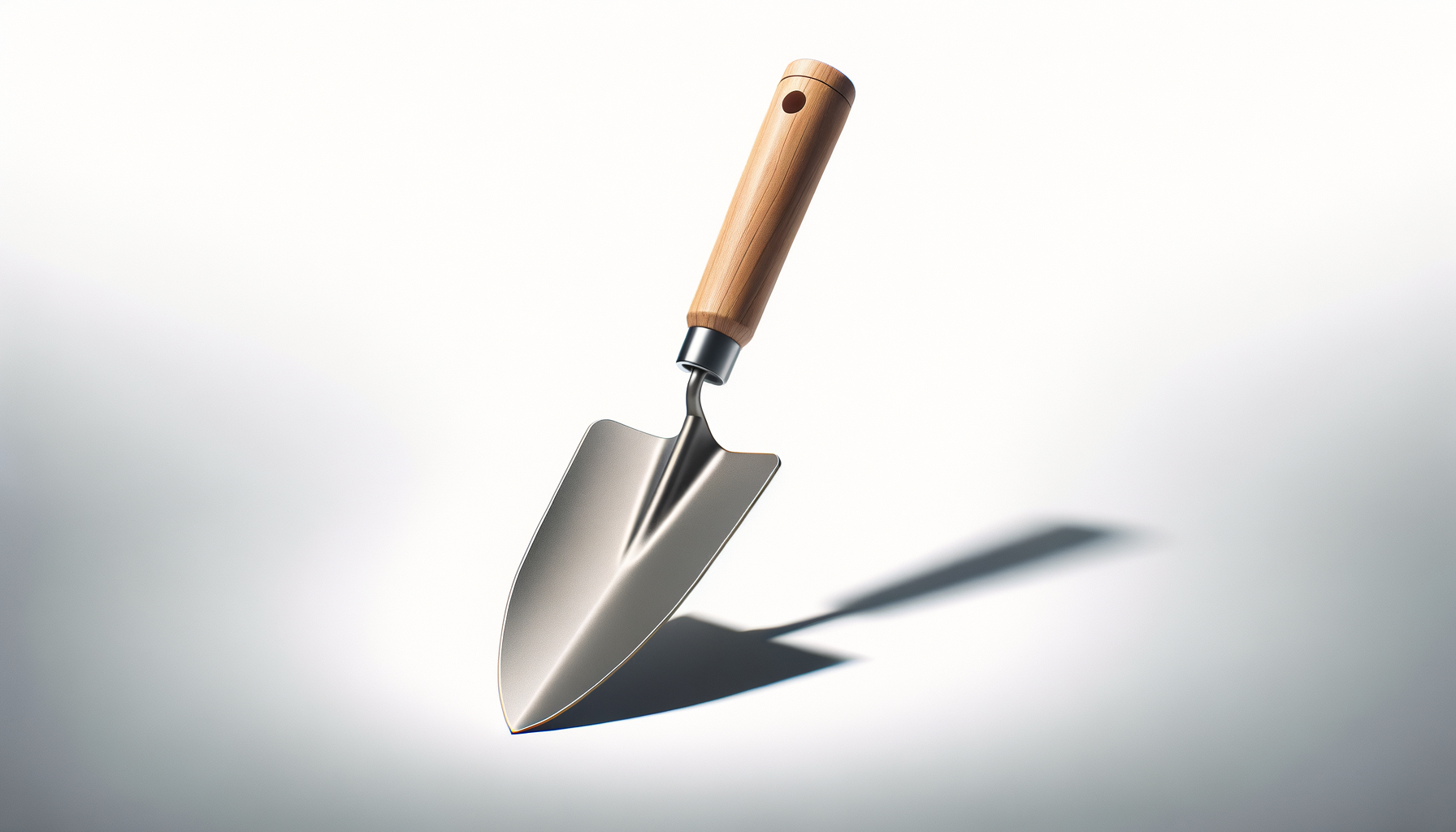 A garden trowel with a wooden handle and metal blade leaning on a white surface.