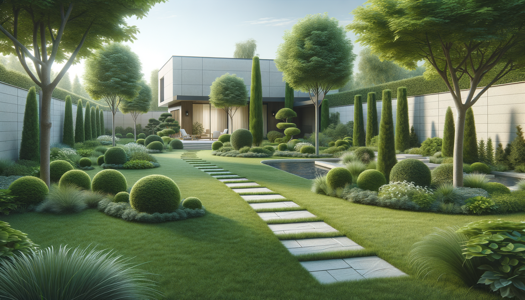 Modern landscaped backyard with neatly trimmed grass, stone pathway, and various trees and shrubs, including tall cypress and rounded bushes, surrounding a small pool and outdoor seating area.