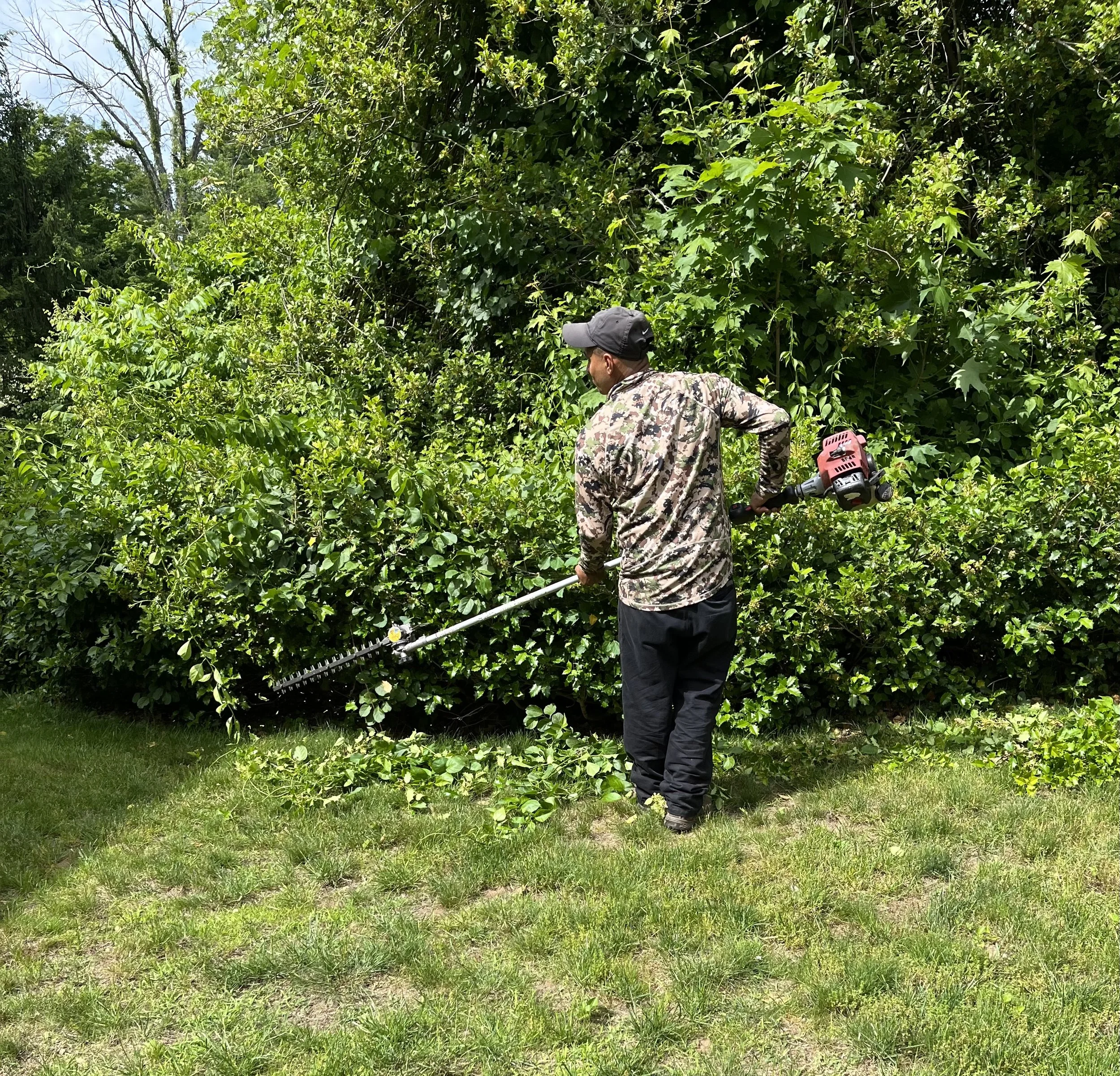 Man using a hedge trimmer to trim overgrown bushes and shrubs in a backyard.