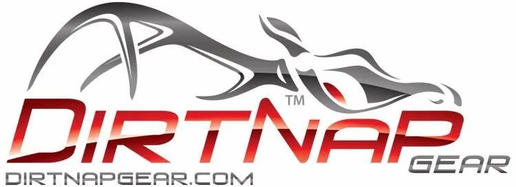 Logo for Dirt Nap Gear with stylized dirt bike illustration and website URL dirtnapgear.com