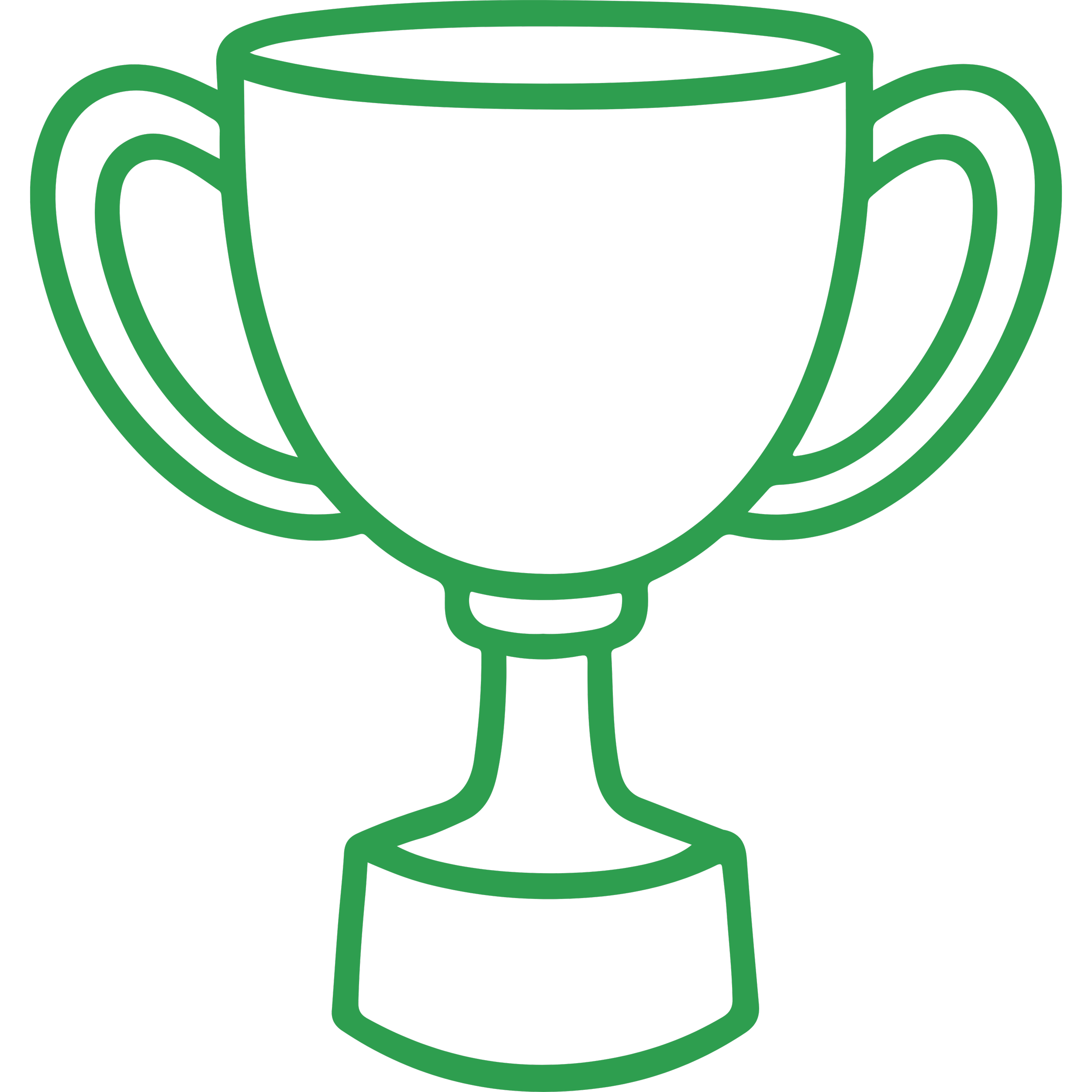 Outline drawing of a trophy cup with handles on each side.