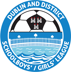 Logo of Dublin and District Schools Boys' and Girls' League featuring a soccer ball, a bridge, and water elements.