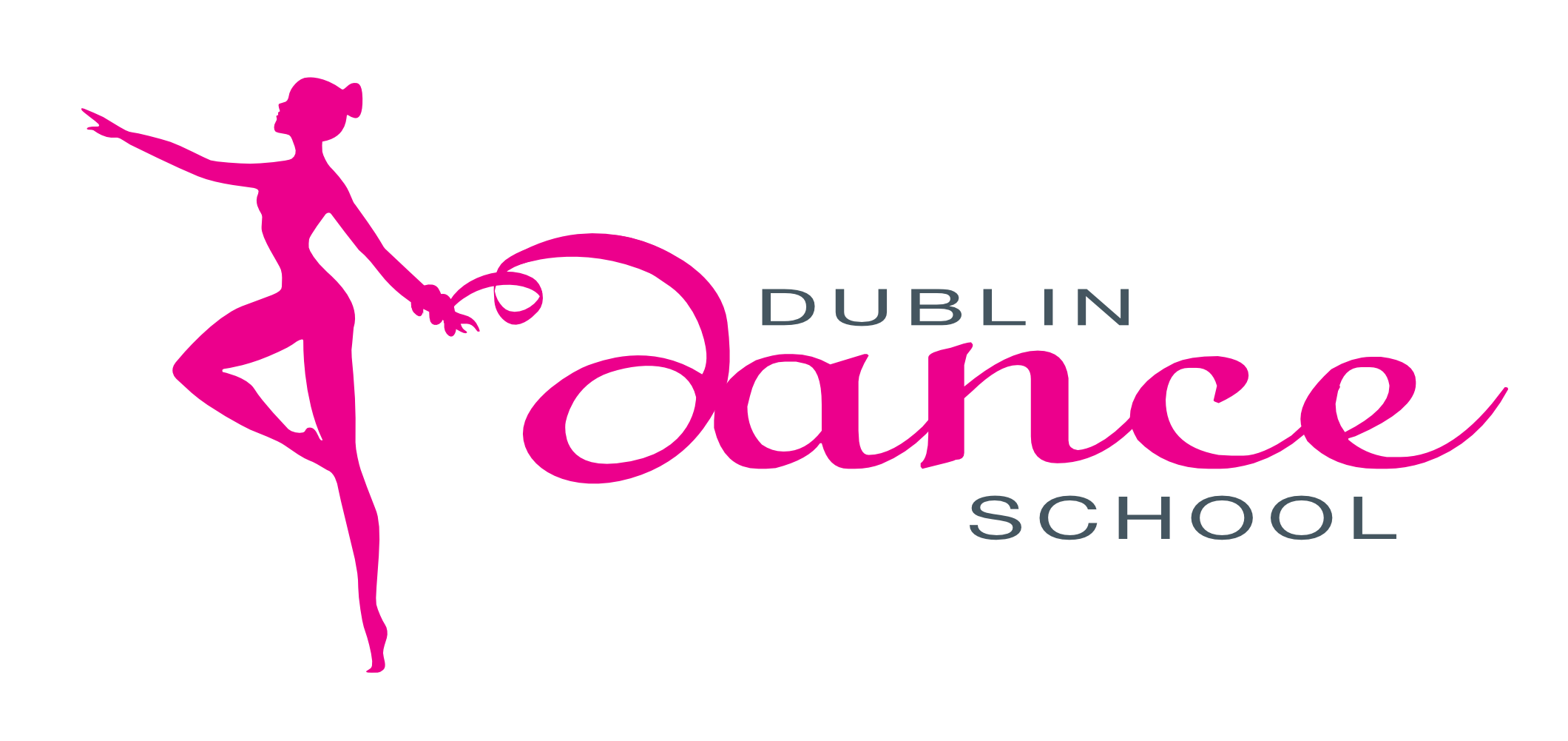 Logo of Dublin Dance School featuring a pink silhouette of a ballerina holding a jump rope, with text 'Dublin Dance School' in pink and gray.