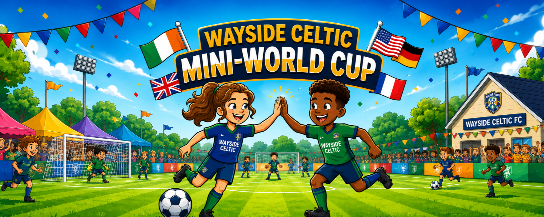 Children playing soccer at the Wayside Celtic Mini-World Cup event, with two kids high-fiving in the foreground, colorful tents, flags, and excited spectators in the background.