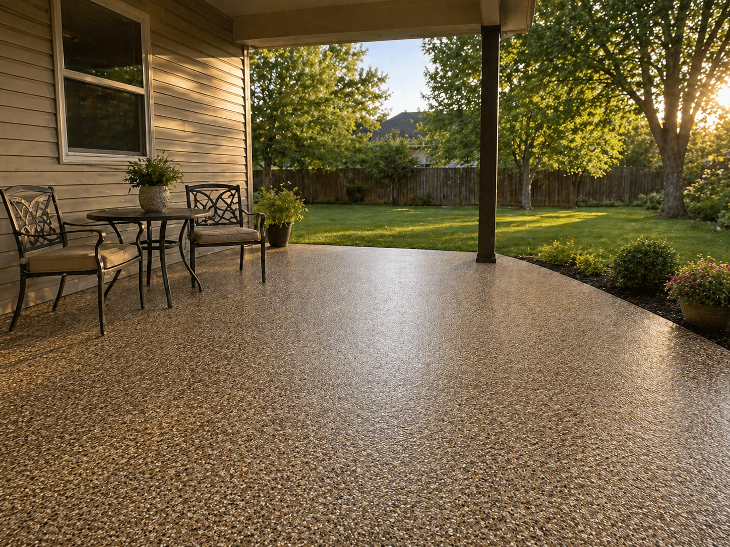Tan flake polyaspartic concrete coating on a covered back patio at a Kansas City home