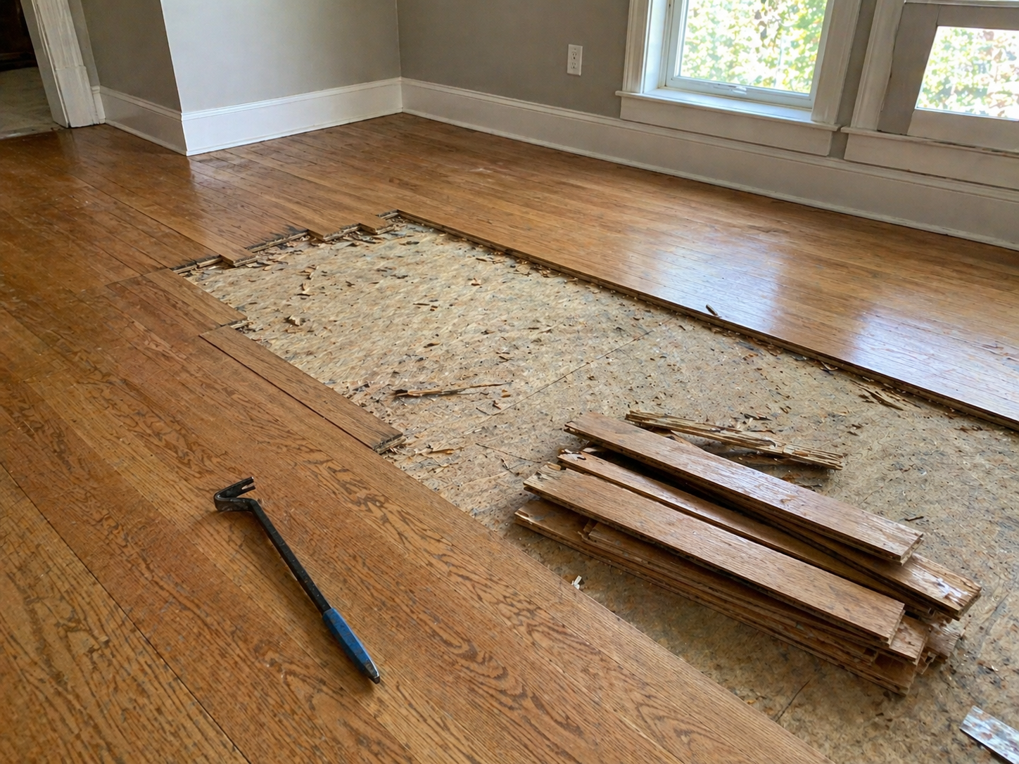 Hardwood floor removal in progress showing exposed subfloor with removed planks and pry bar in Kansas City home