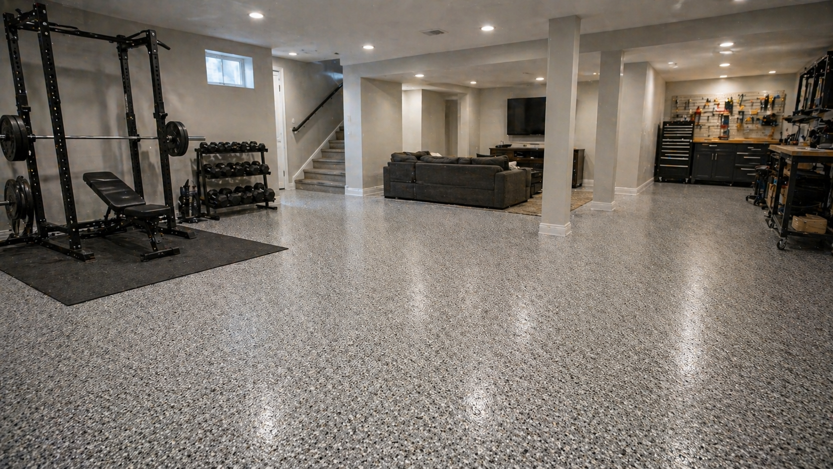 Basement floor coating used for gym, living, and utility space in one area