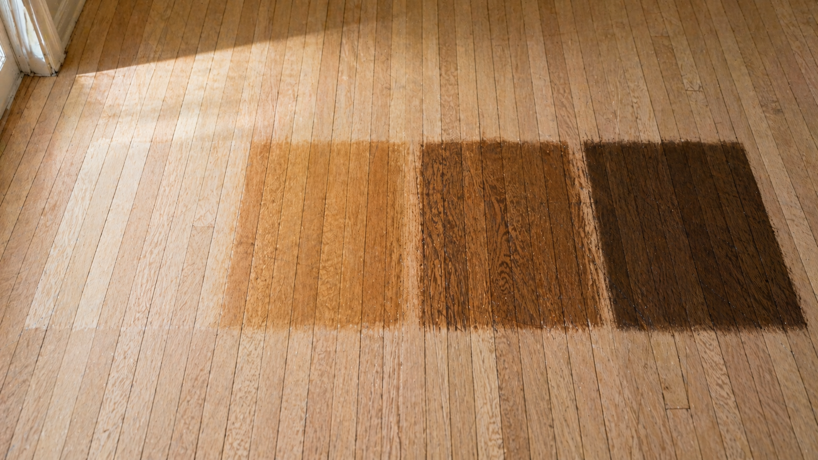 Comparison of a clean hardwood floor to a section with a wet stain showing various hardwood stains and finishes for a customer to pick