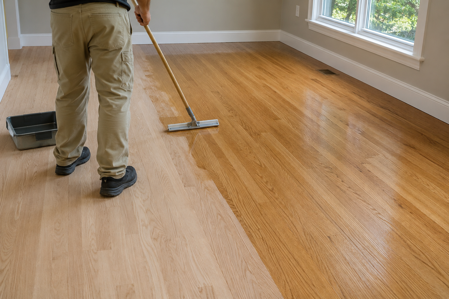 Fresh protective finish being applied evenly to a screened oak hardwood floor