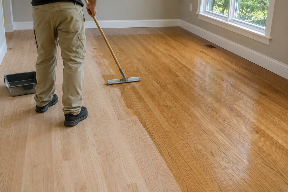 Protective finish being applied across a prepared hardwood floor