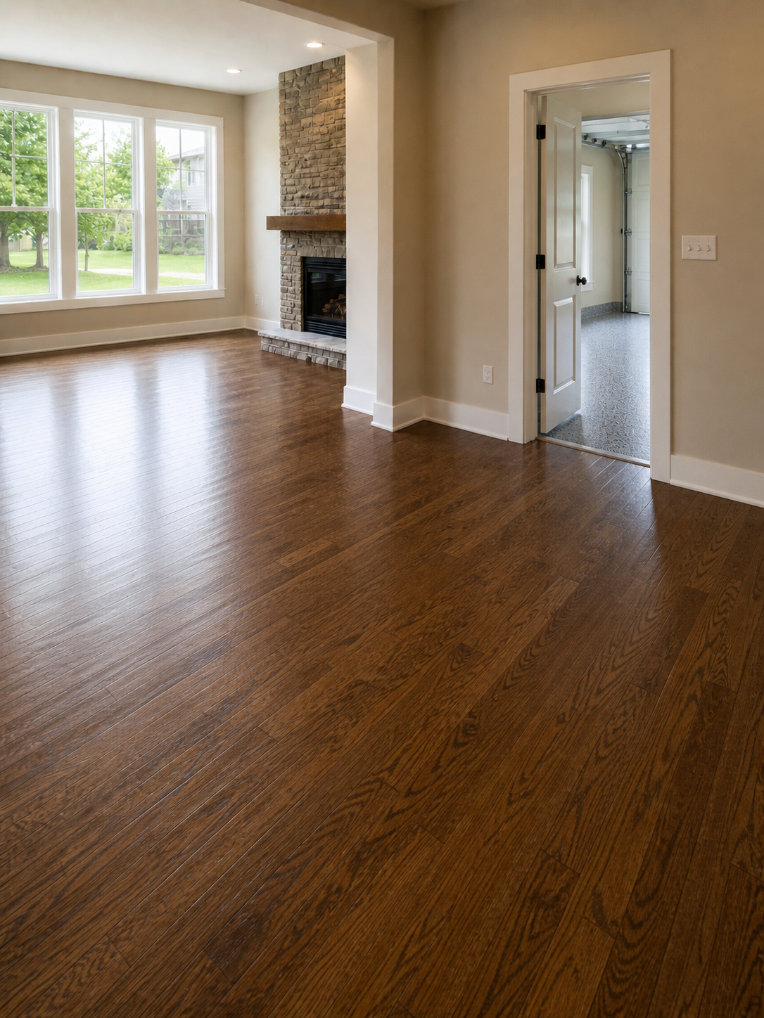 Empty living room with hardwood floors, large windows overlooking a green lawn, a stone fireplace with a wooden mantel, and an adjacent laundry room with a garage door.