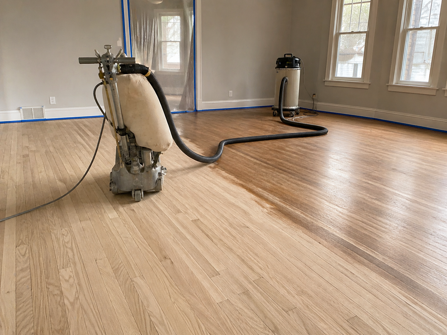 Hardwood floor sanding with dust-reduction equipment during a Kansas City refinishing project
