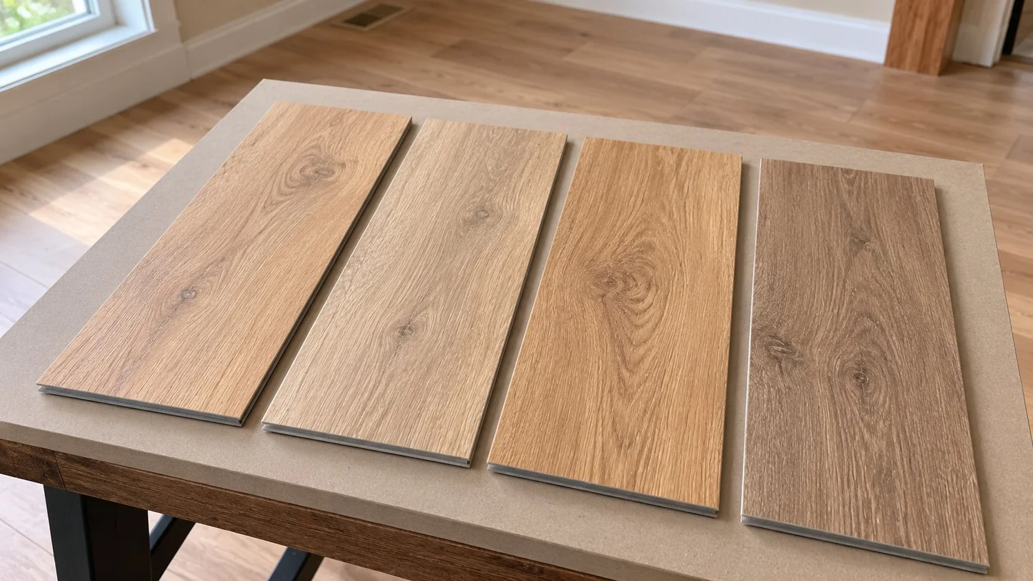 Oak-look luxury vinyl plank samples in several wood tones