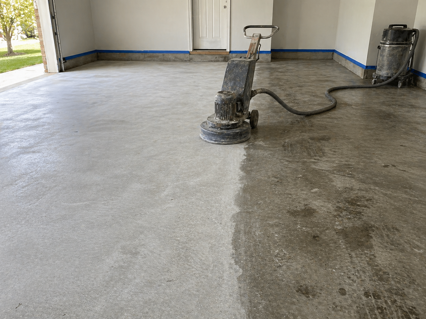 Diamond grinding concrete floor preparation for a Kansas City garage coating project