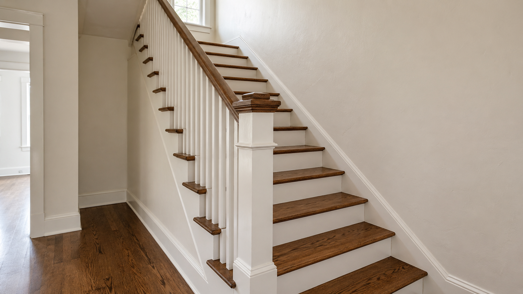 Fully refinished staircase with stained treads, white risers, balusters, newel post, and handrail in a Kansas City home