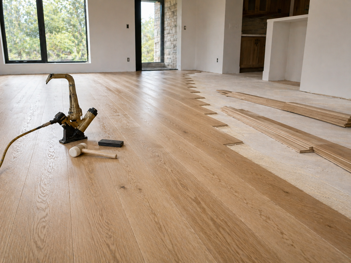 New white oak hardwood floor installation in a Kansas City home with wide plank flooring