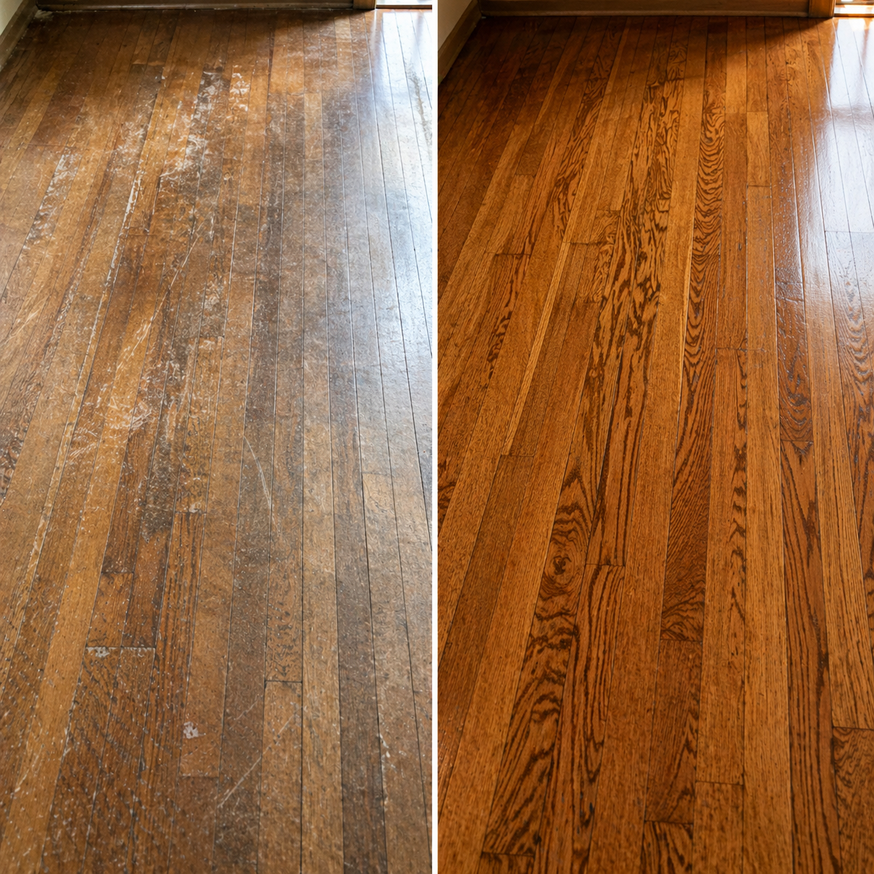 Before and after hardwood floor refinishing in Kansas City showing worn floor restored to satin finish