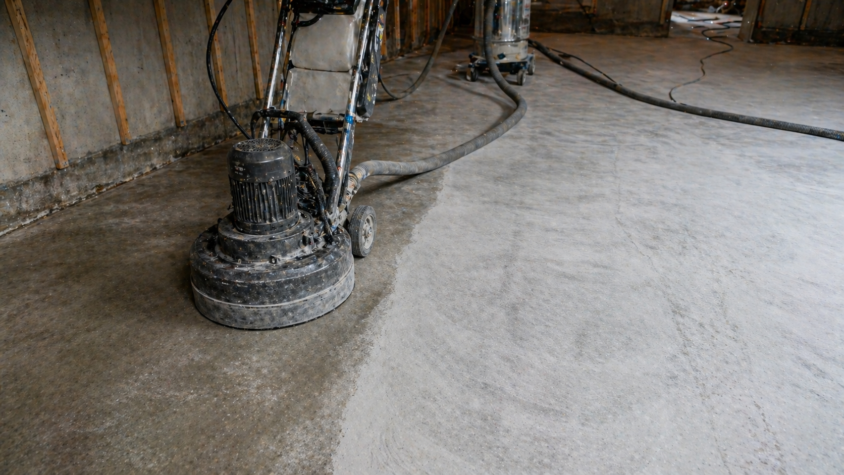 Basement concrete floor preparation with diamond grinding before coating