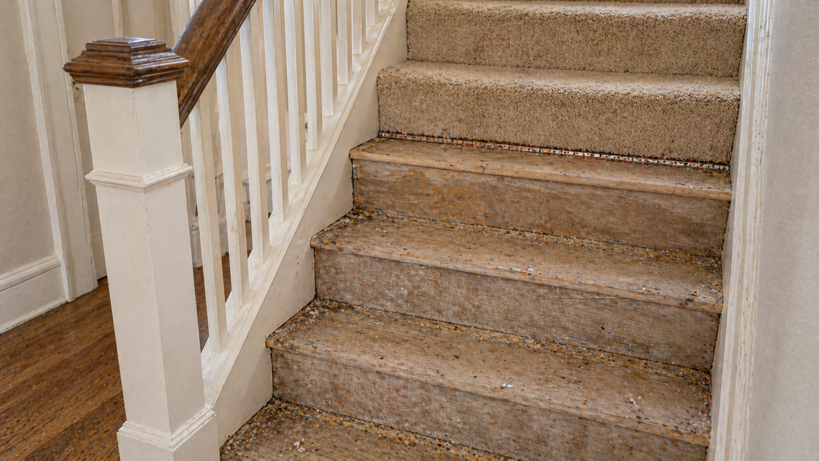Staircase mid-renovation showing red oak treads exposed after carpet removal in a Kansas City home
