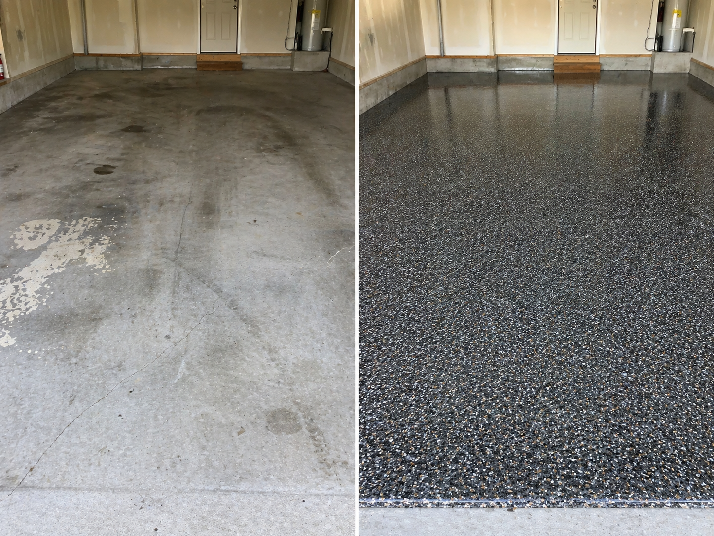 Before and after garage floor coating in Kansas City showing stained concrete transformed with polyaspartic flake