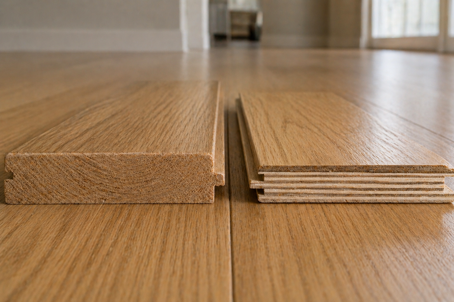 Solid vs engineered hardwood flooring comparison in Kansas City home showing thick solid board and layered engineered core