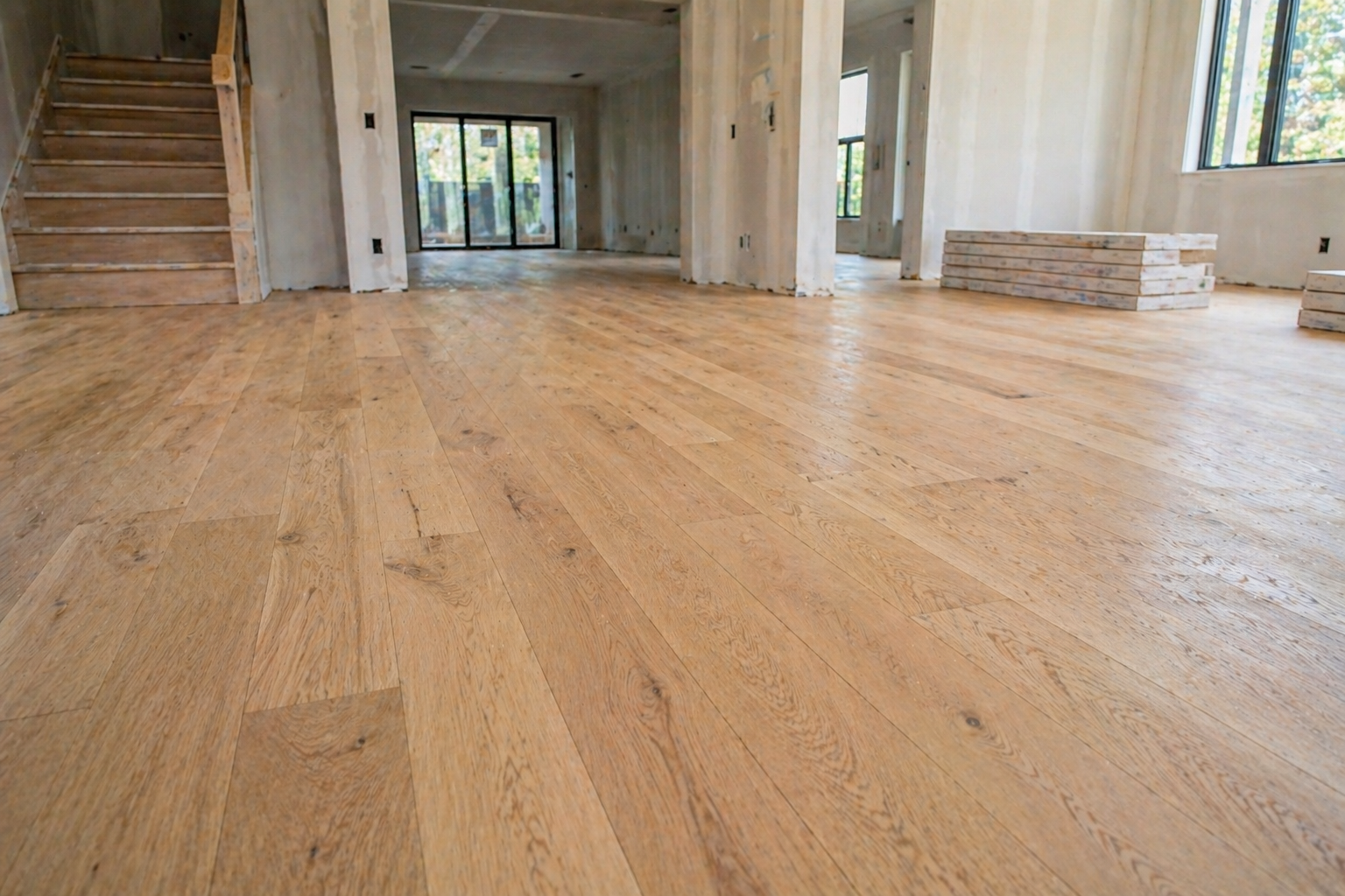 Hardwood floor installation in new construction Kansas City home with wide plank flooring and unfinished walls