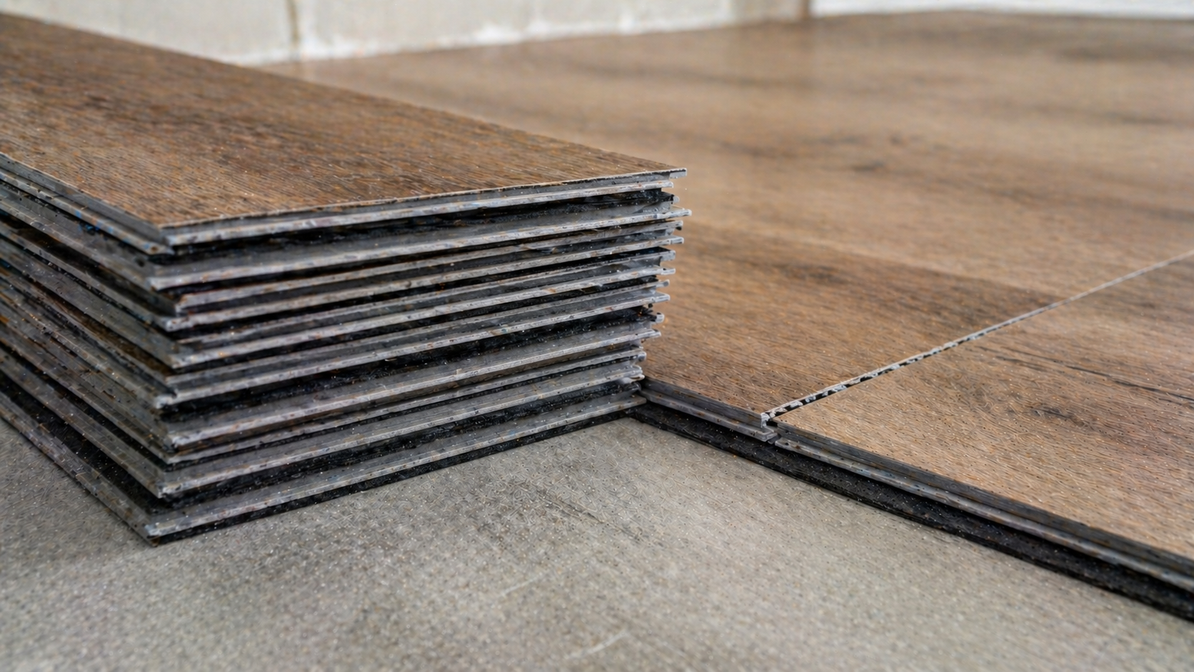 Close view of rigid core LVP plank thickness and construction quality
