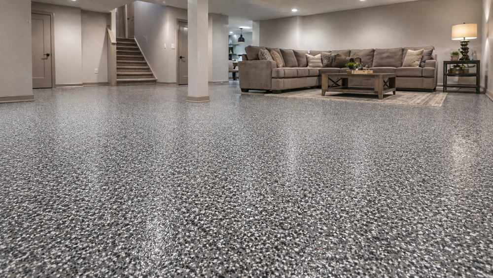 Basement concrete floor with a gray decorative flake finish