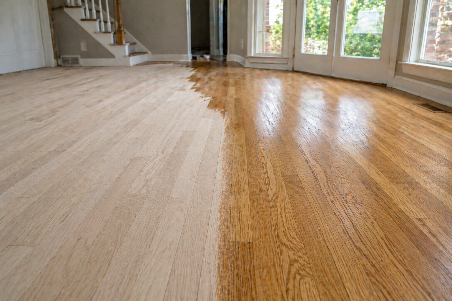 Hardwood floor refinishing in Kansas City showing raw sanded wood transitioning to finished floor with smooth satin finish