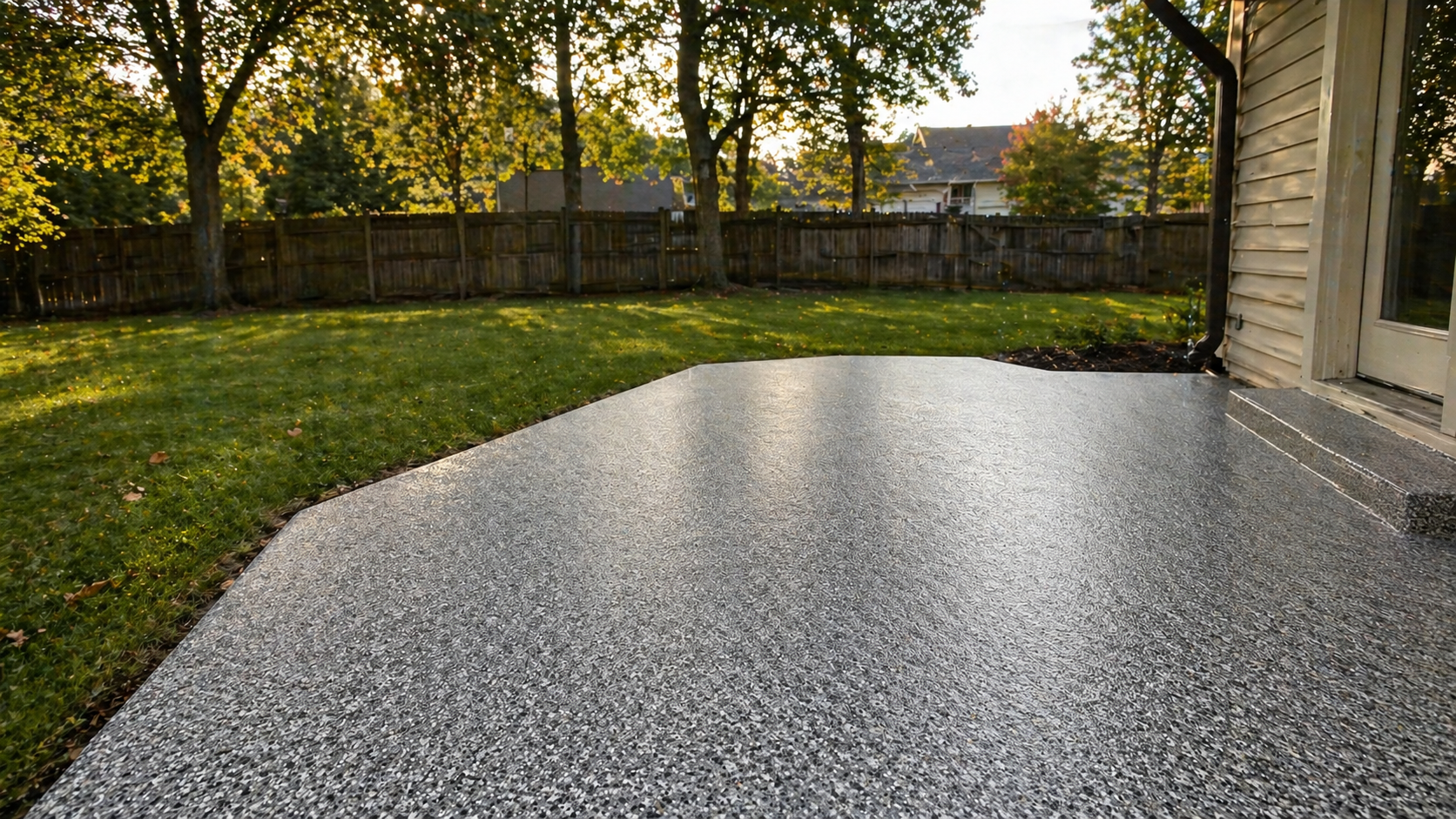 Outdoor patio with gray flake concrete coating in Kansas City backyard