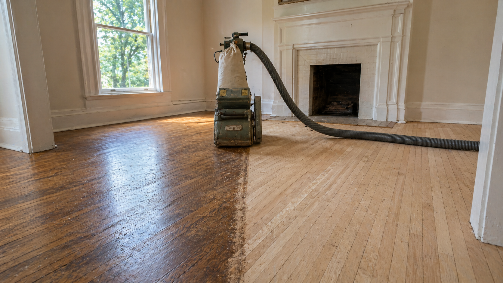 Red oak hardwood floor mid-sanding in a Kansas City craftsman home showing raw wood next to original worn finish