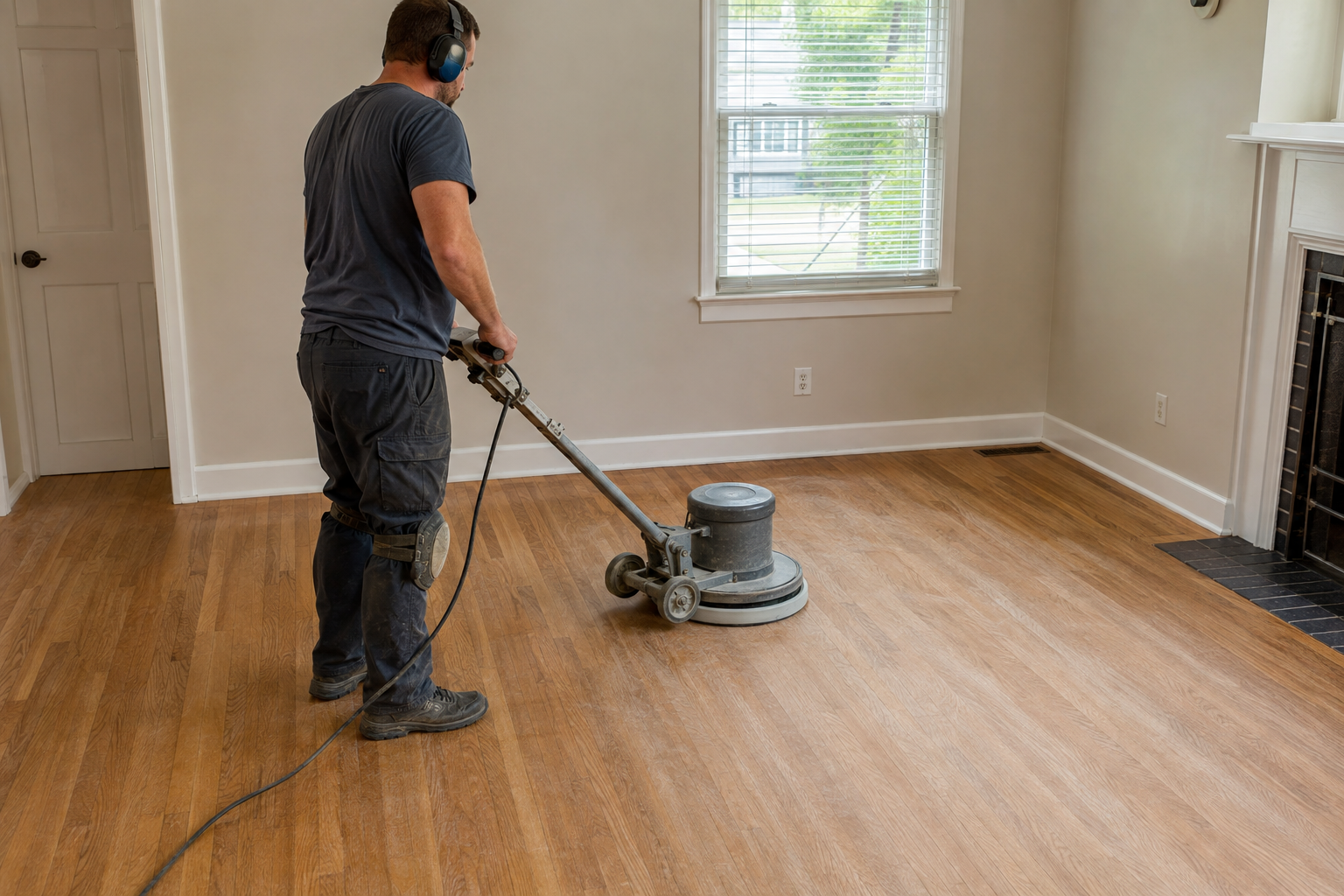 Hardwood floor being lightly screened before a new protective finish is applied