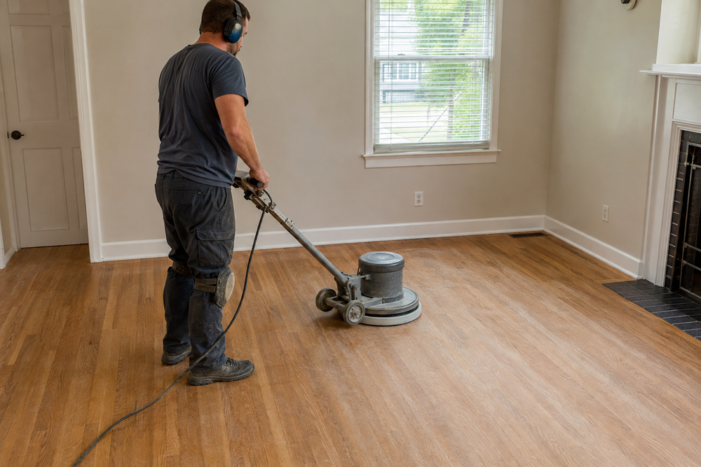Floor buffer lightly abrading an existing hardwood floor finish