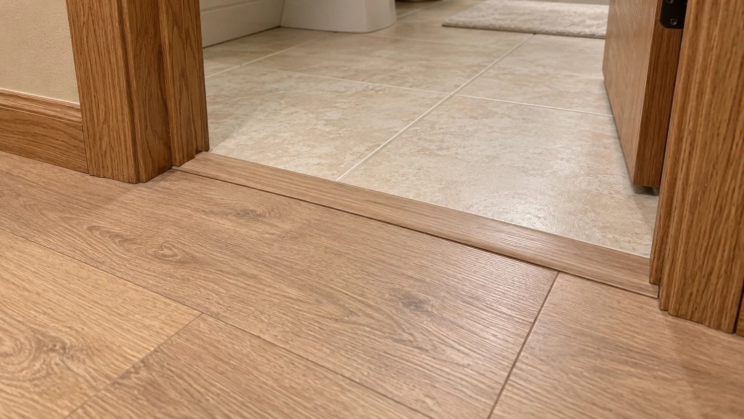 Coordinating transition strip between oak-look LVP and bathroom tile