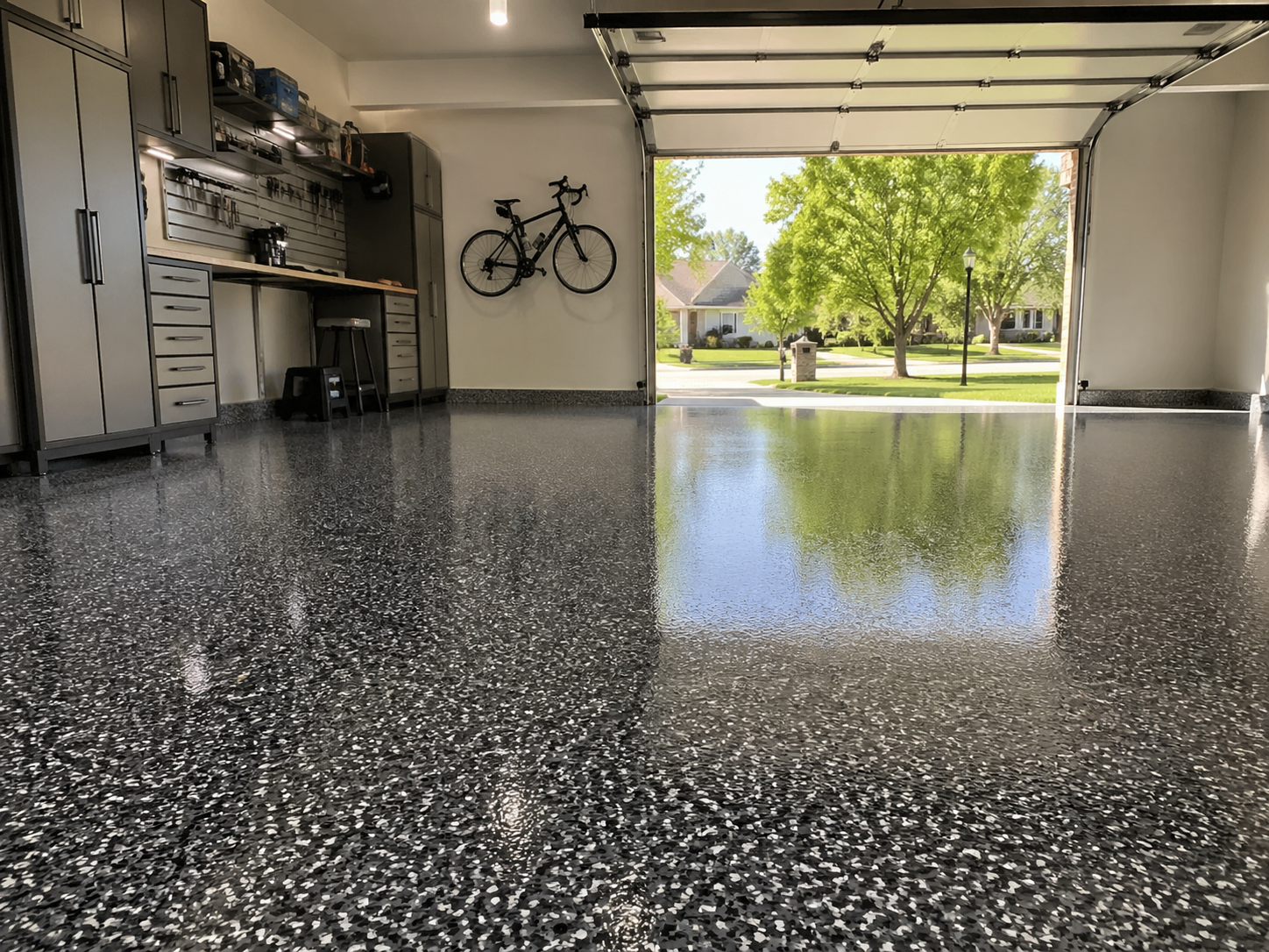 Polyaspartic garage floor coating with gray and black flake in a Kansas City suburban home