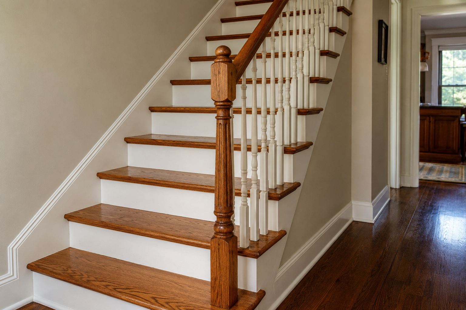 Hardwood staircase with a closed wall side and exposed oak tread returns