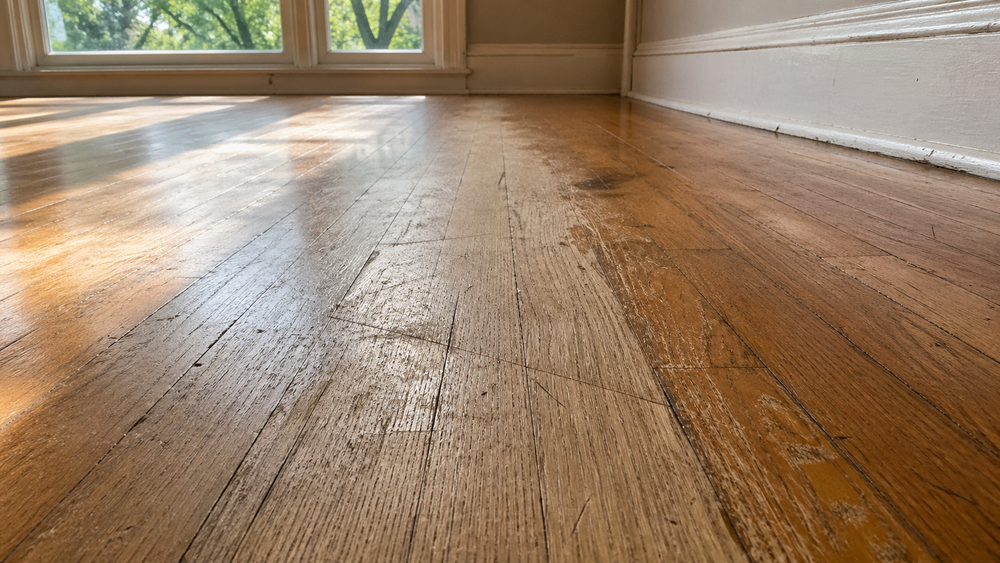 Existing hardwood floor showing scratches and wear in traffic areas