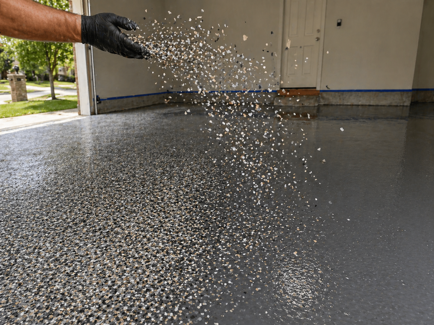 Color flake broadcast onto basecoat during a Kansas City garage floor coating installation