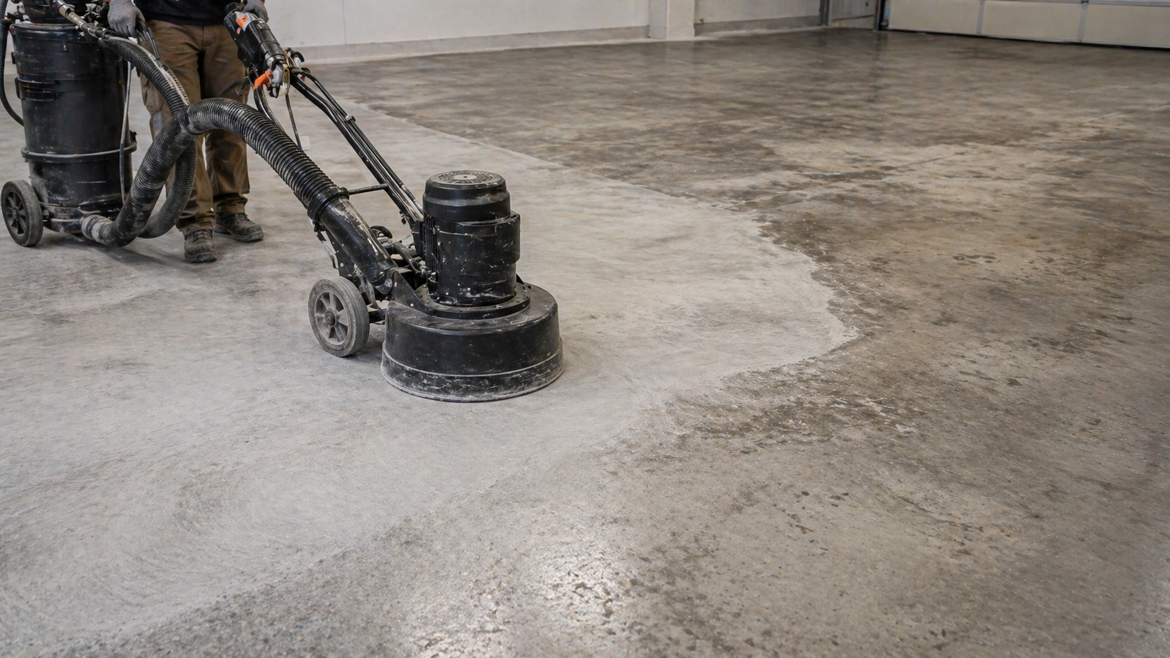 Concrete floor preparation using diamond grinding equipment before coating application