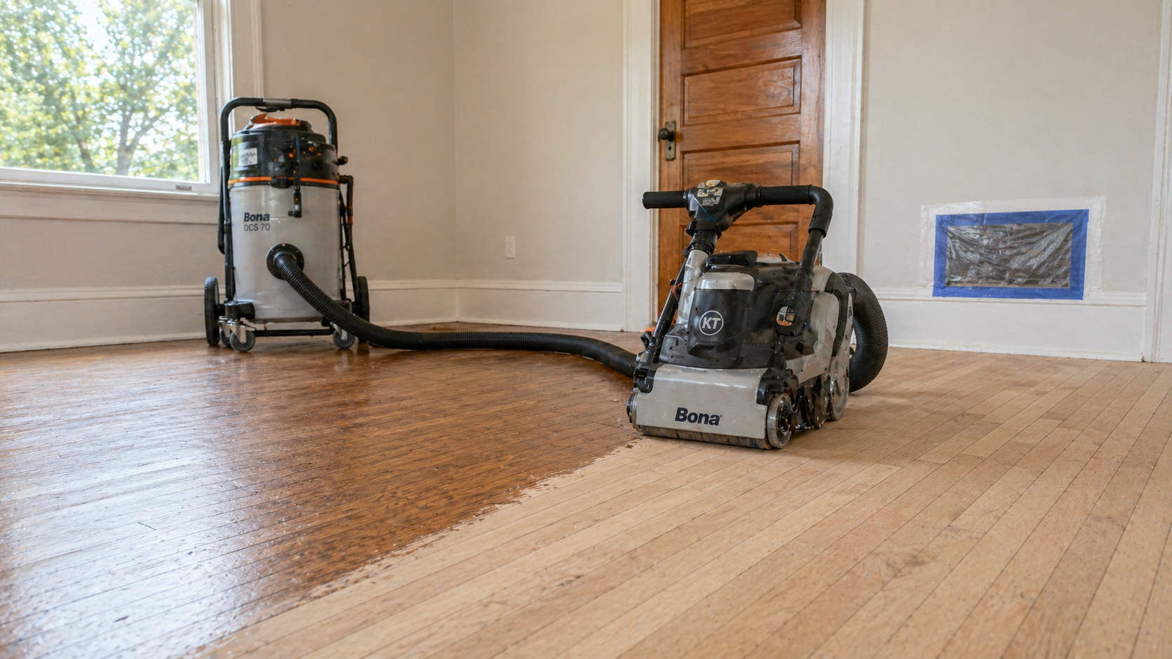 Vacuum-integrated dust-reduction sander with HEPA collection hose on a Kansas City hardwood floor refinishing job