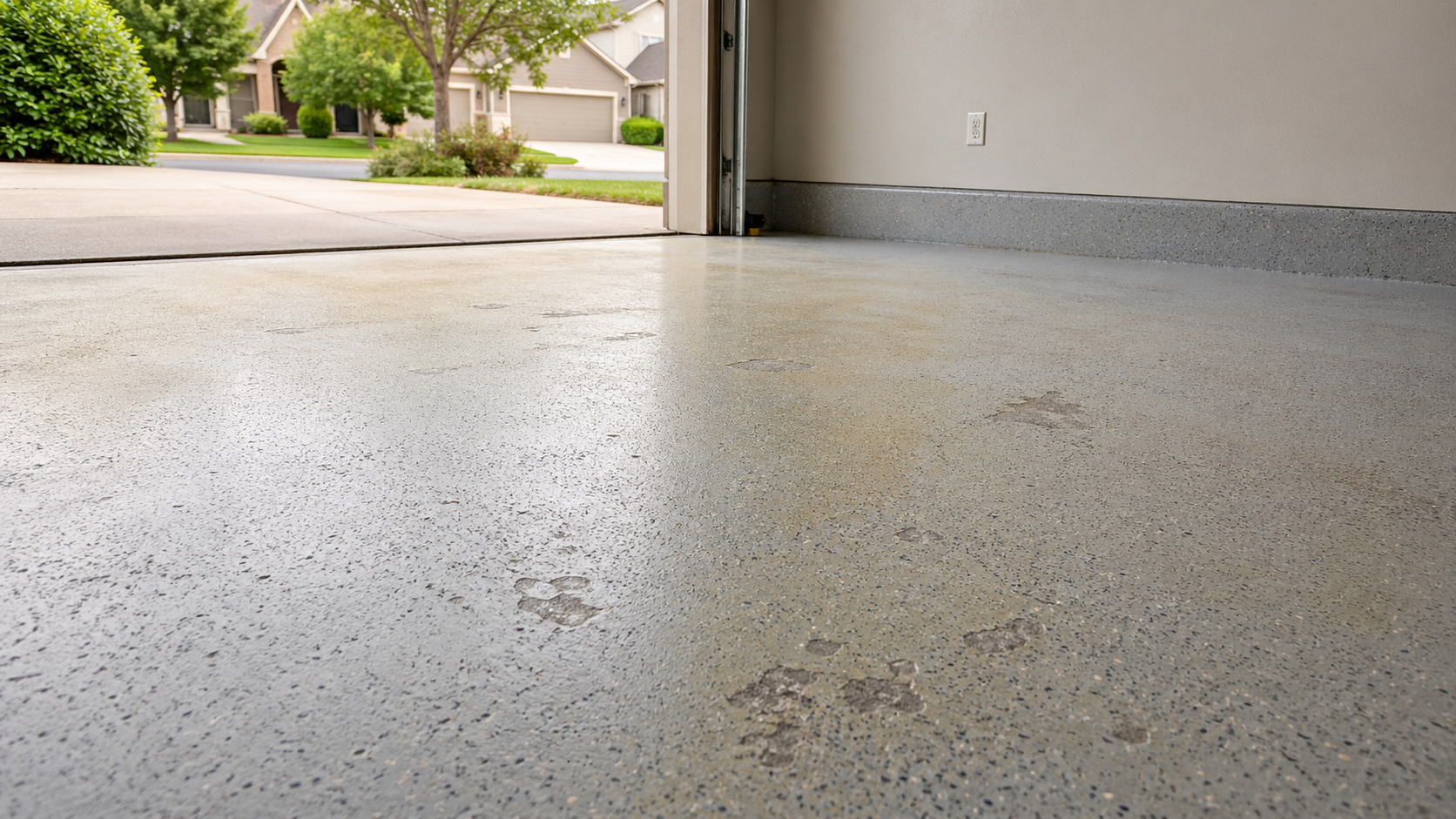 Older epoxy garage floor showing yellowing and wear from UV and use