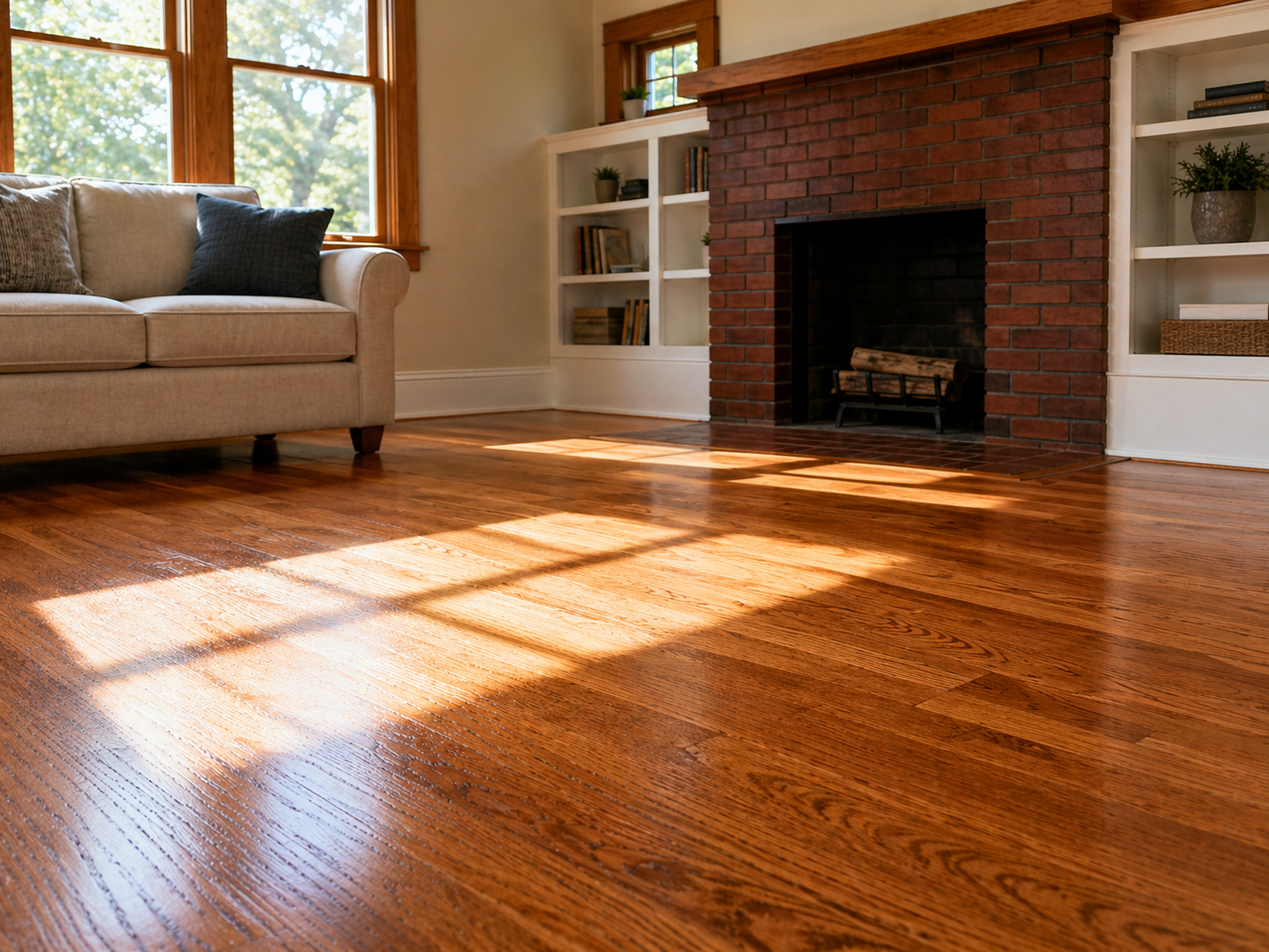 Refinished red oak hardwood floor in a Kansas City Craftsman bungalow living room with satin honey stain