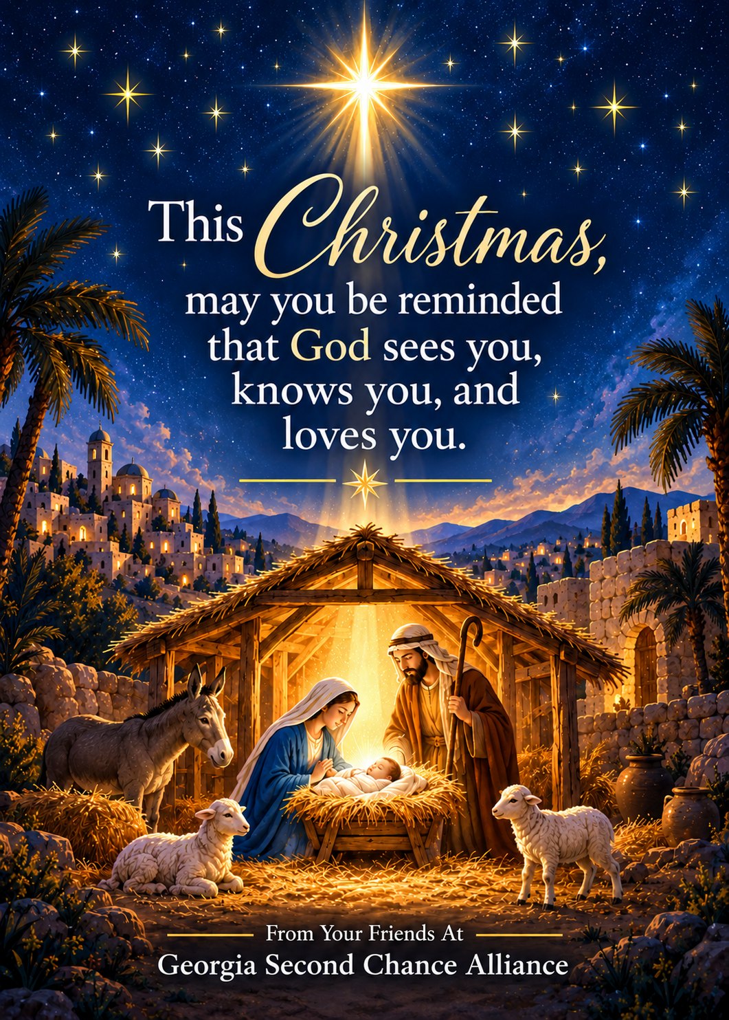 Christmas card featuring the nativity and a message of God's love