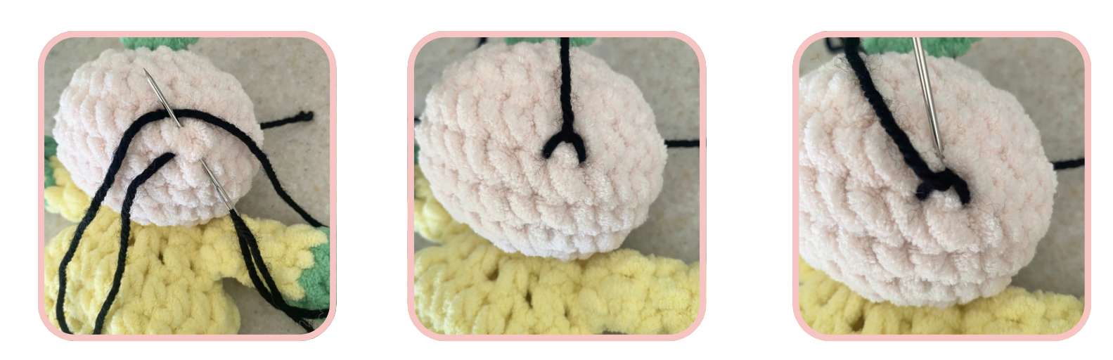 Step-by-step instructions showing how to embroider eyes onto the crocheted lemon lovey head using black yarn and a yarn needle.