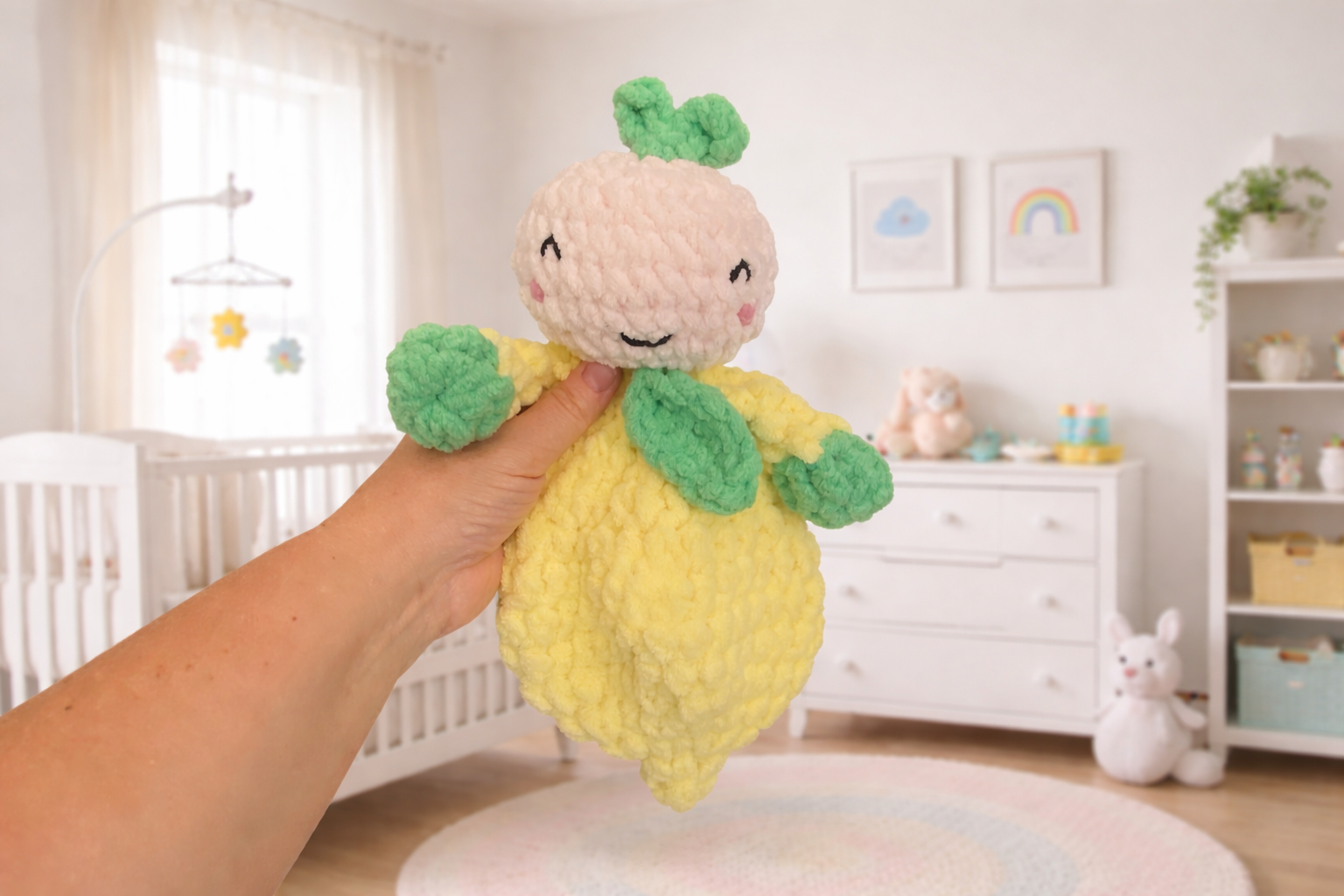 Lila the Lemon Lovey crochet pattern featuring a soft plush lemon-inspired baby lovey with a sweet embroidered face, cozy blanket body, and leafy green accents in a light airy nursery setting.