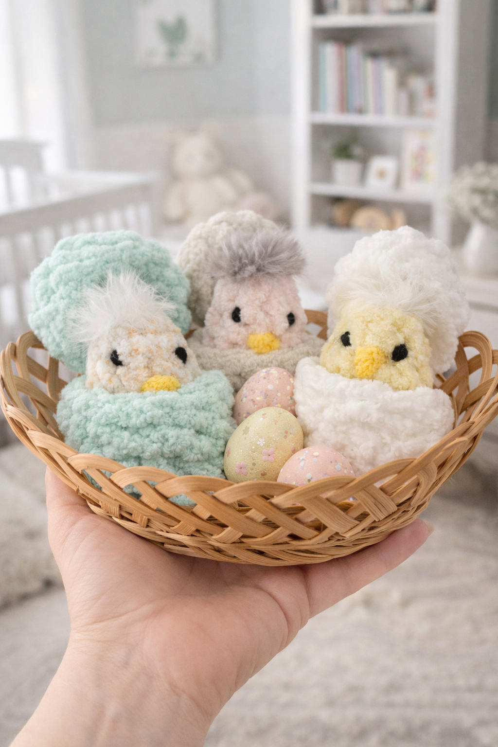 Finished mini peekaboo chick crochet pattern in basket, beginner-friendly amigurumi chicks for Easter and spring decor