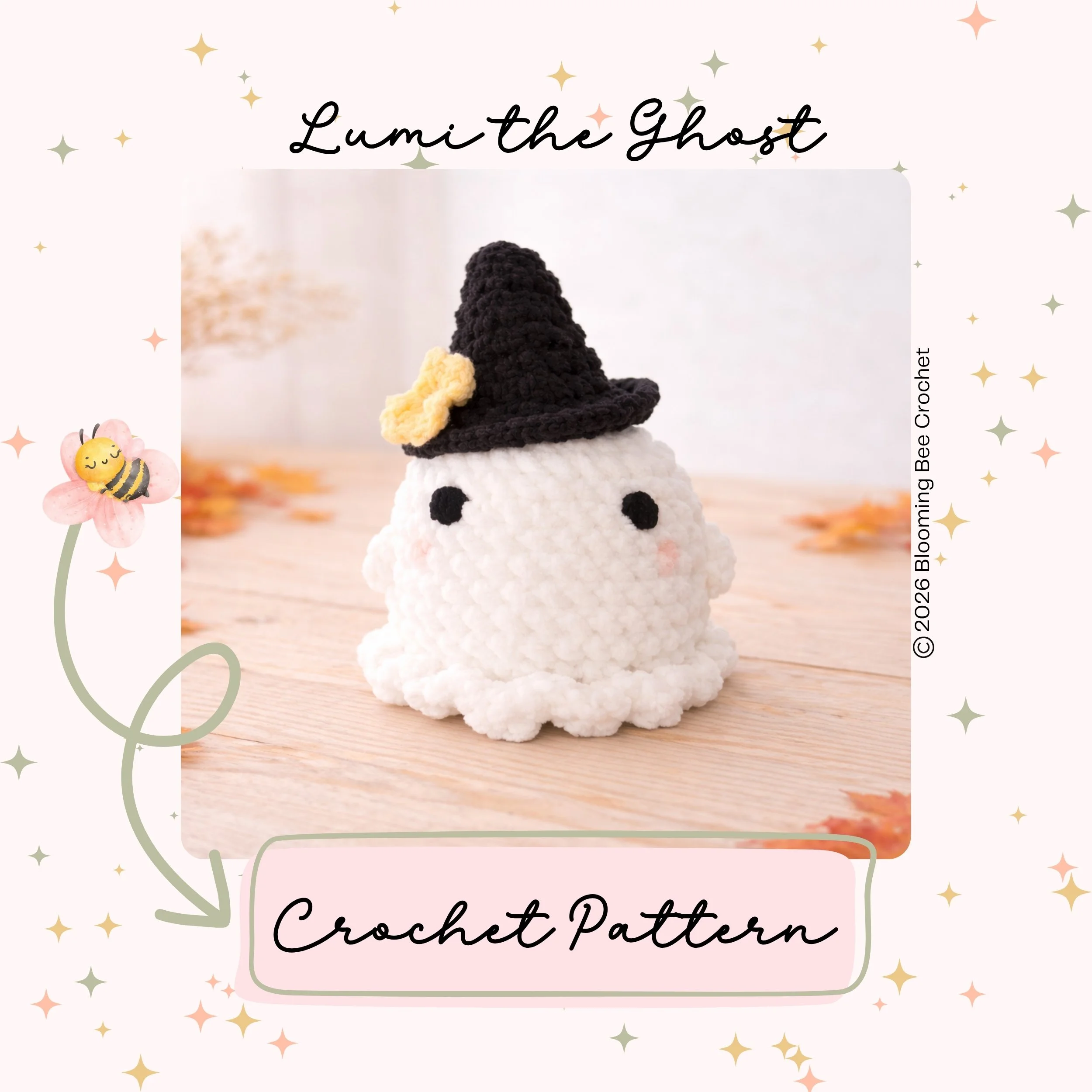 Lumi the Ghost amigurumi crochet pattern with flower hat accessory printable PDF available on Etsy