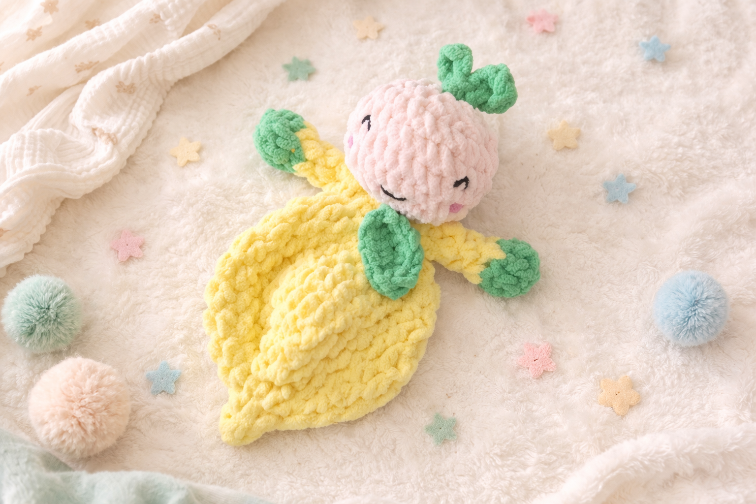 Finished Lila the Lemon Lovey crochet pattern featuring a plush lemon-shaped lovey with leafy green accents in a soft pastel nursery-inspired setting with light airy styling.