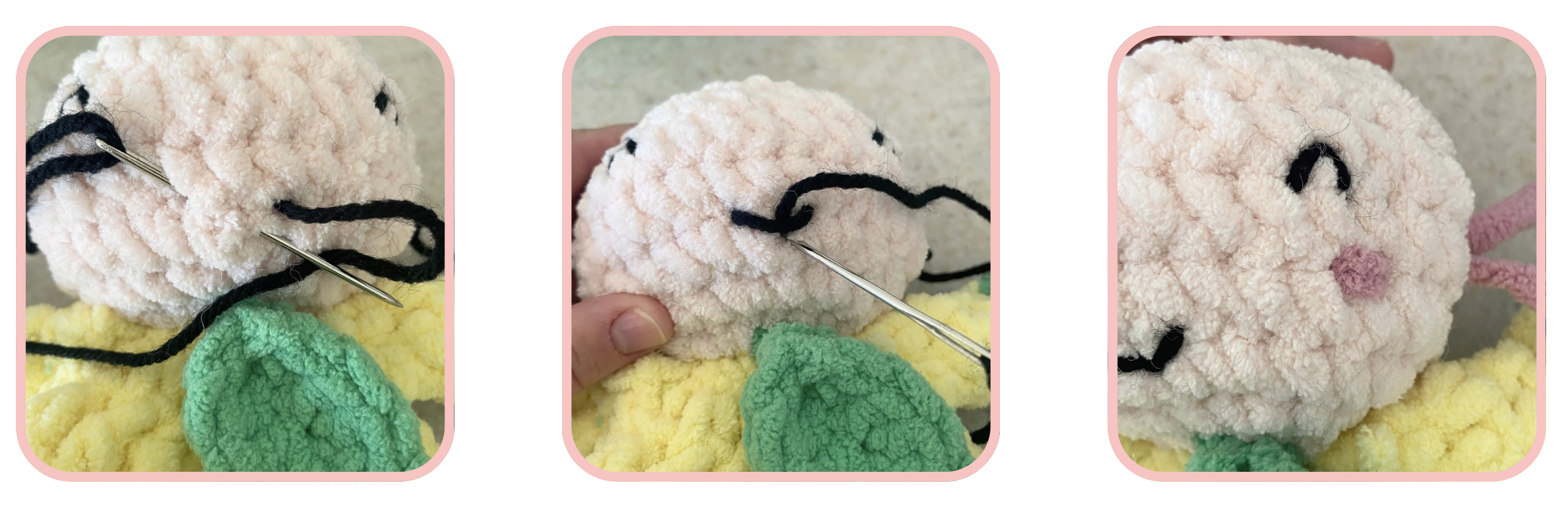 Step-by-step instructions showing how to embroider the smile and add pink blush details to the crocheted lemon lovey face.